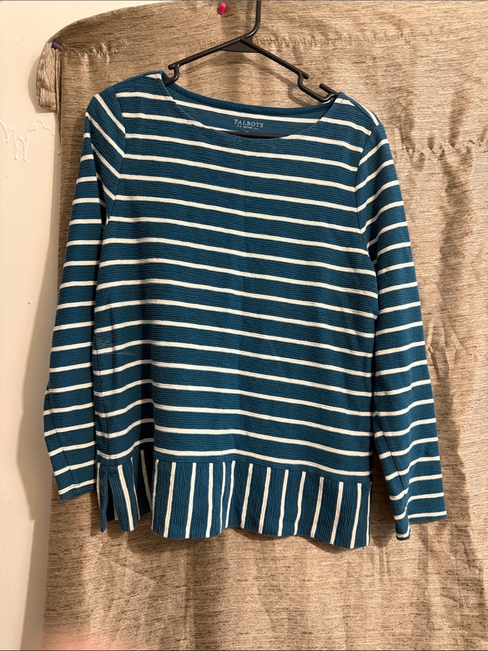 Talbots Teal & White Striped Long-Sleeve Knit Top with Ribbed Hem
